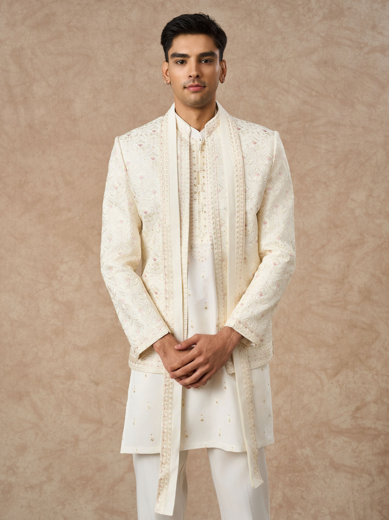 Manyavar Men Cream Blended Viscose Indo Western with Dupatta