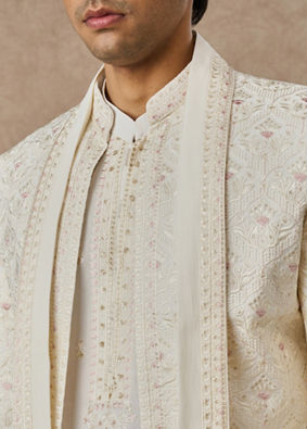 Manyavar Men Cream Blended Viscose Indo Western with Dupatta