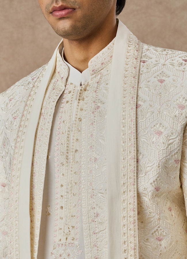 Manyavar Men Cream Blended Viscose Indo Western with Dupatta