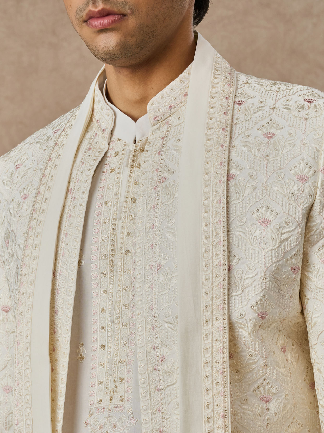 Manyavar Men Cream Blended Viscose Indo Western with Dupatta