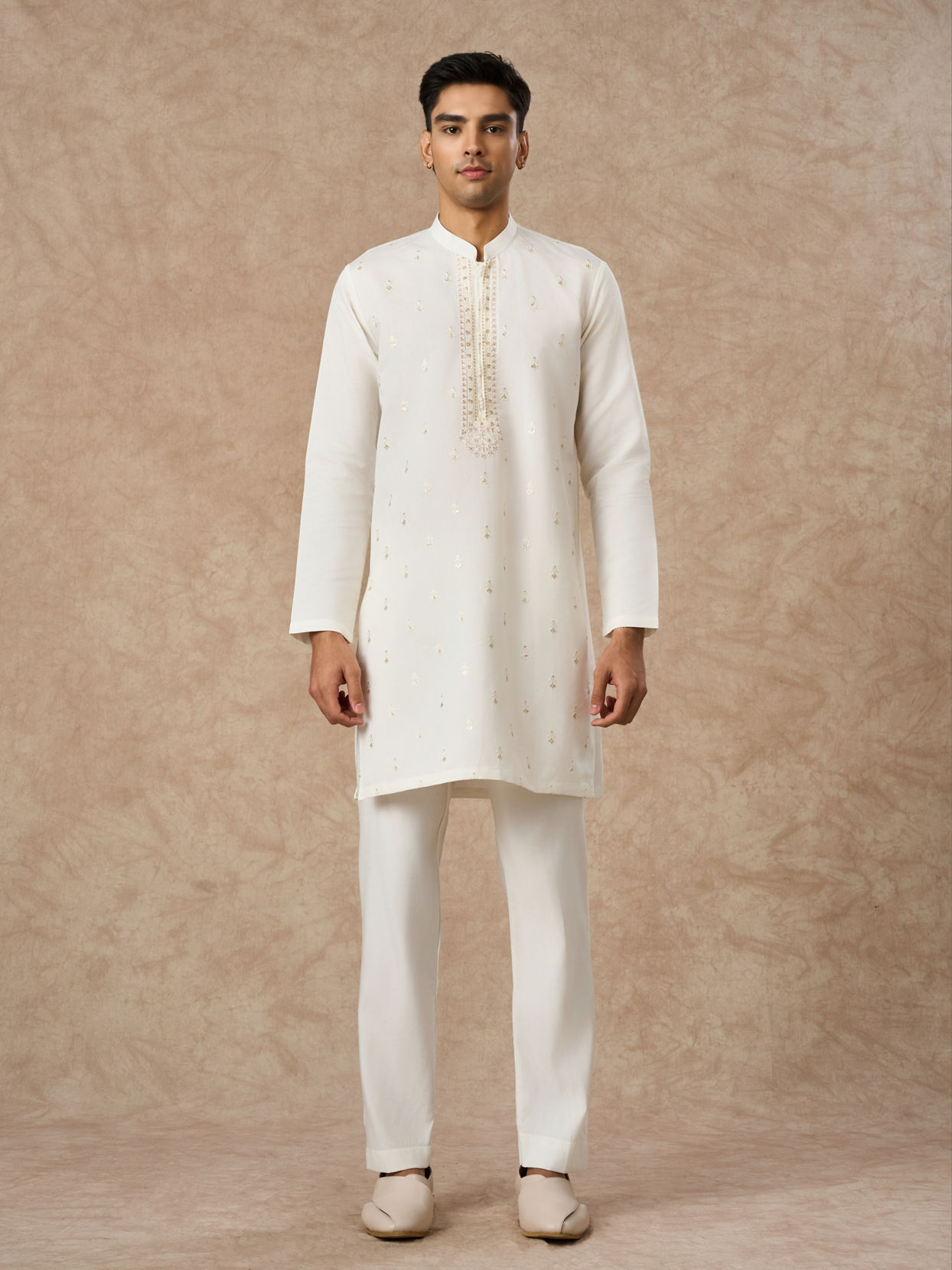 Manyavar Men Cream Blended Viscose Indo Western with Dupatta