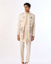 Manyavar Men Cream Blended Rayon Indo Western Jacket with Embroidery