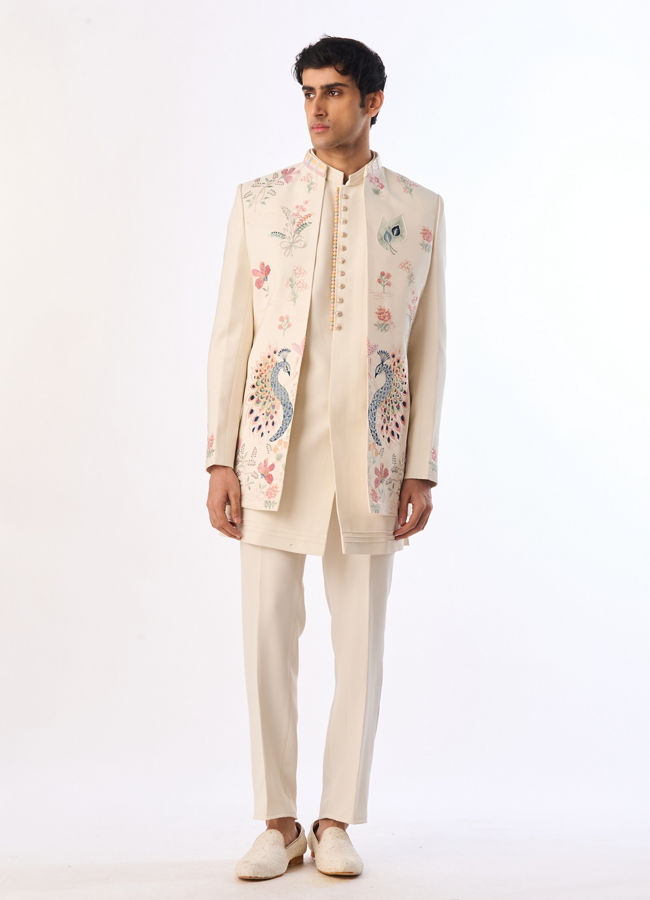 Manyavar Men Cream Blended Rayon Indo Western Jacket with Embroidery