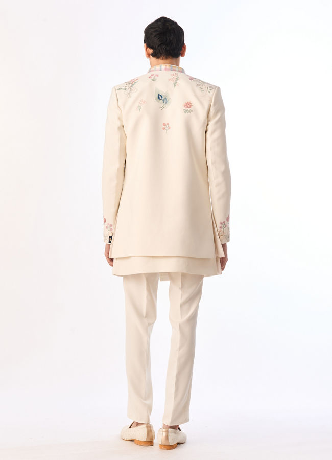Manyavar Men Cream Blended Rayon Indo Western Jacket with Embroidery