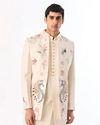 Manyavar Men Cream Blended Rayon Indo Western Jacket with Embroidery