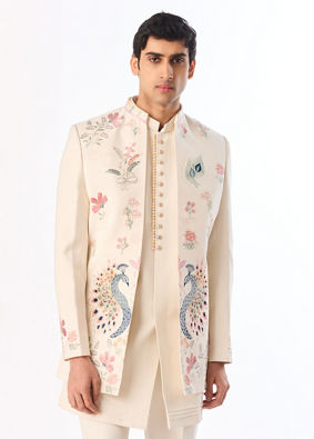 Manyavar Men Cream Blended Rayon Indo Western Jacket with Embroidery