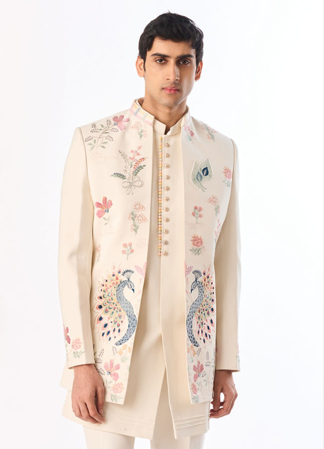 Manyavar Men Cream Blended Rayon Indo Western Jacket with Embroidery