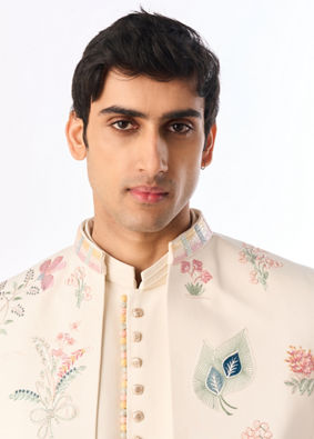 Manyavar Men Cream Blended Rayon Indo Western Jacket with Embroidery