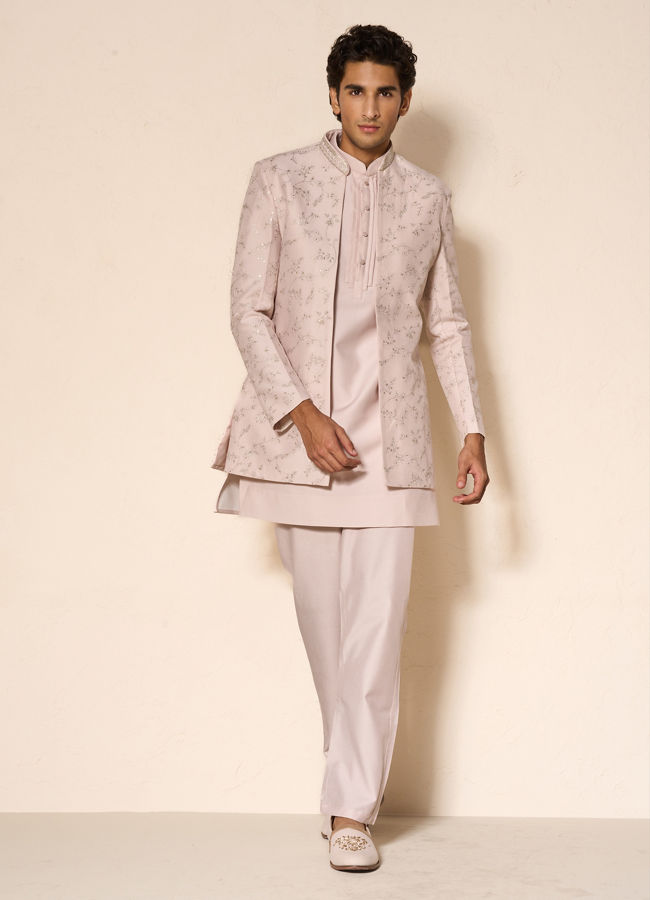 Manyavar Men Pink Silk Indo Western with Embroidery