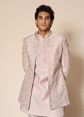 Manyavar Men Pink Silk Indo Western with Embroidery