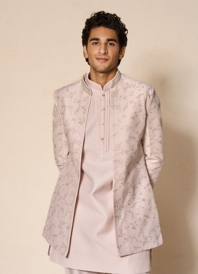 Manyavar Men Pink Silk Indo Western with Embroidery