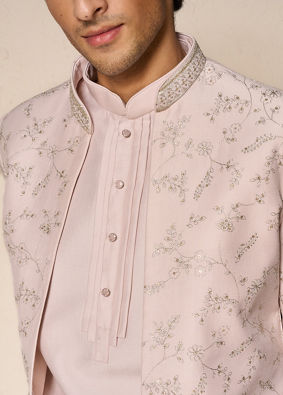 Manyavar Men Pink Silk Indo Western with Embroidery