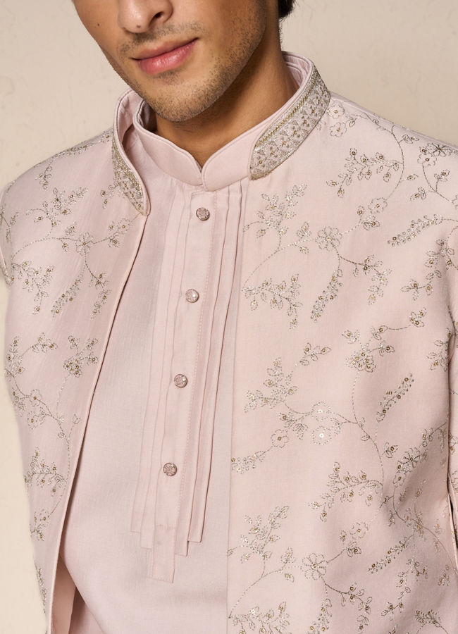 Manyavar Men Pink Silk Indo Western with Embroidery