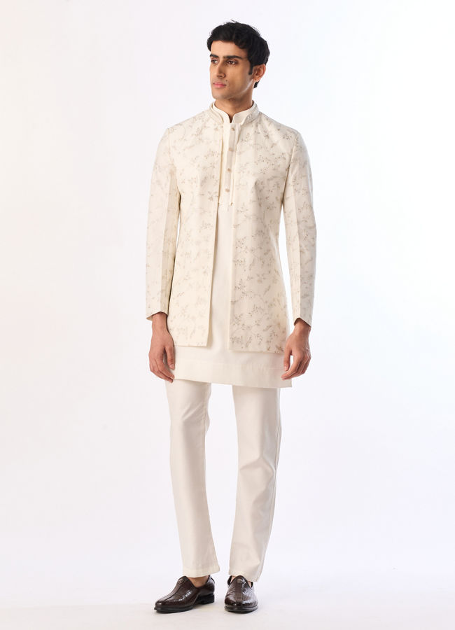 Manyavar Men Cream Silk Indo Western with Embroidery