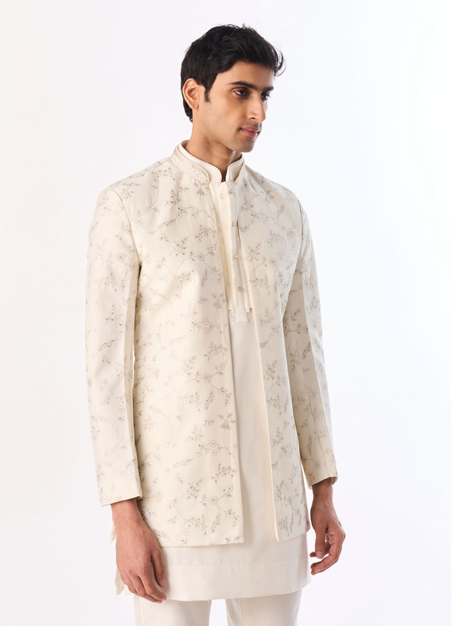 Manyavar Men Cream Silk Indo Western with Embroidery