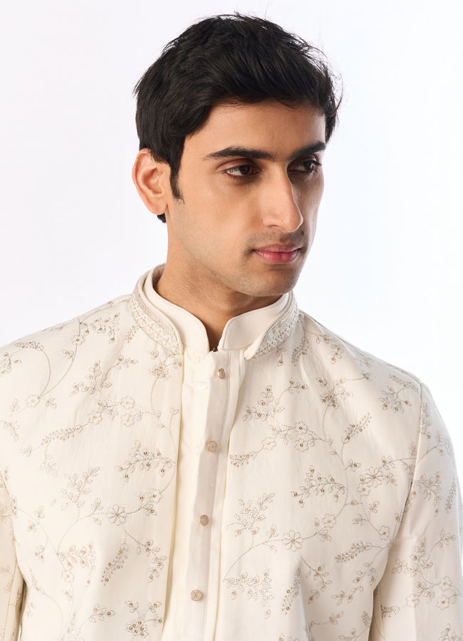 Manyavar Men Cream Silk Indo Western with Embroidery