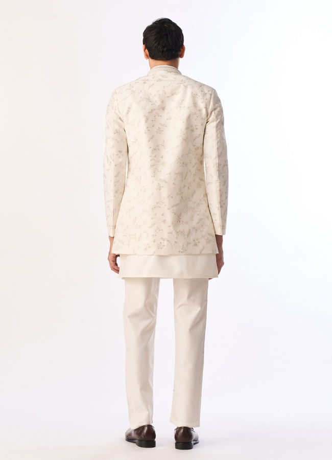 Manyavar Men Cream Silk Indo Western with Embroidery