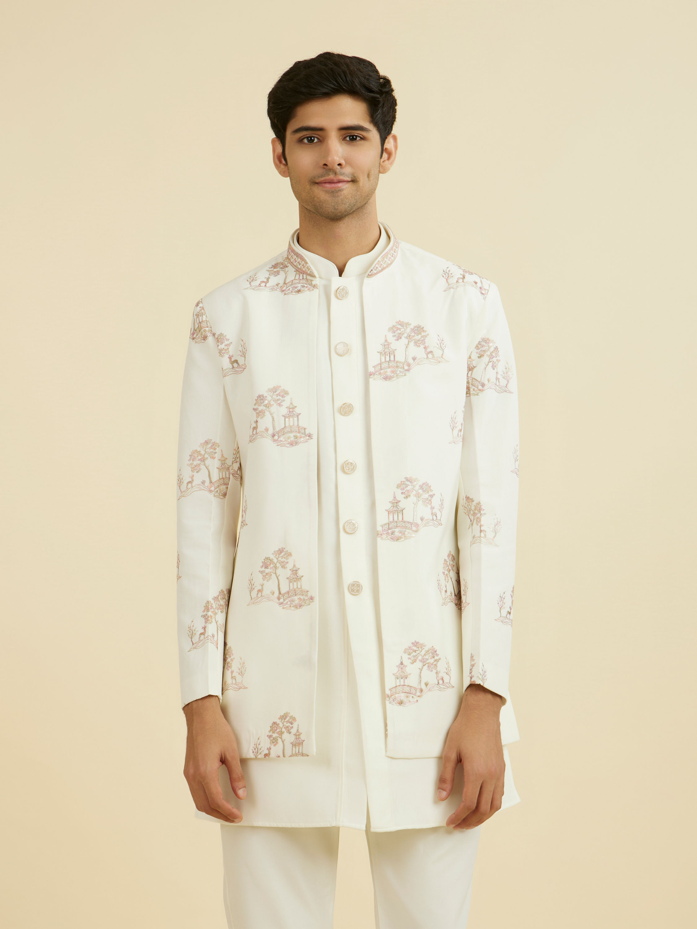 Manyavar Men Regal Cream Indo Western Set
