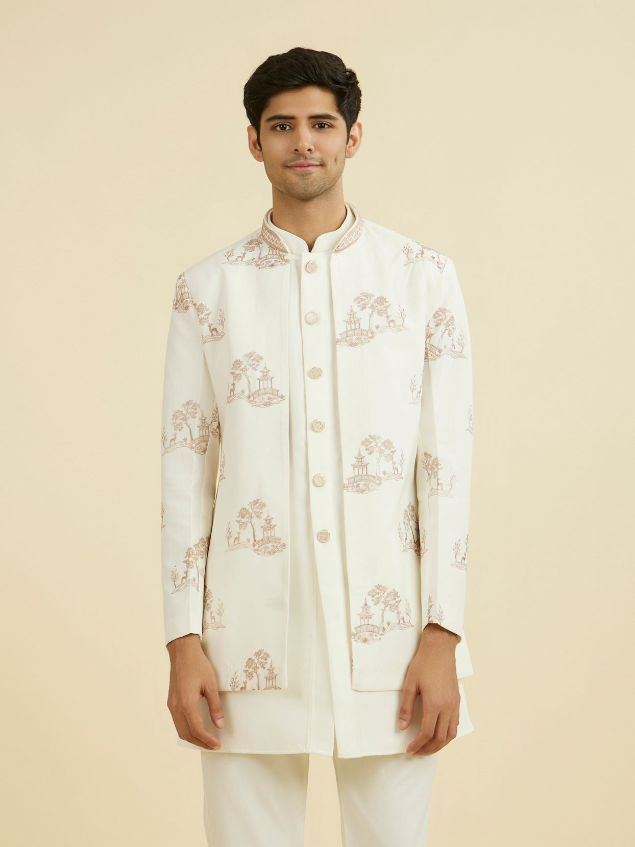 Manyavar Men Regal Cream Indo Western Set