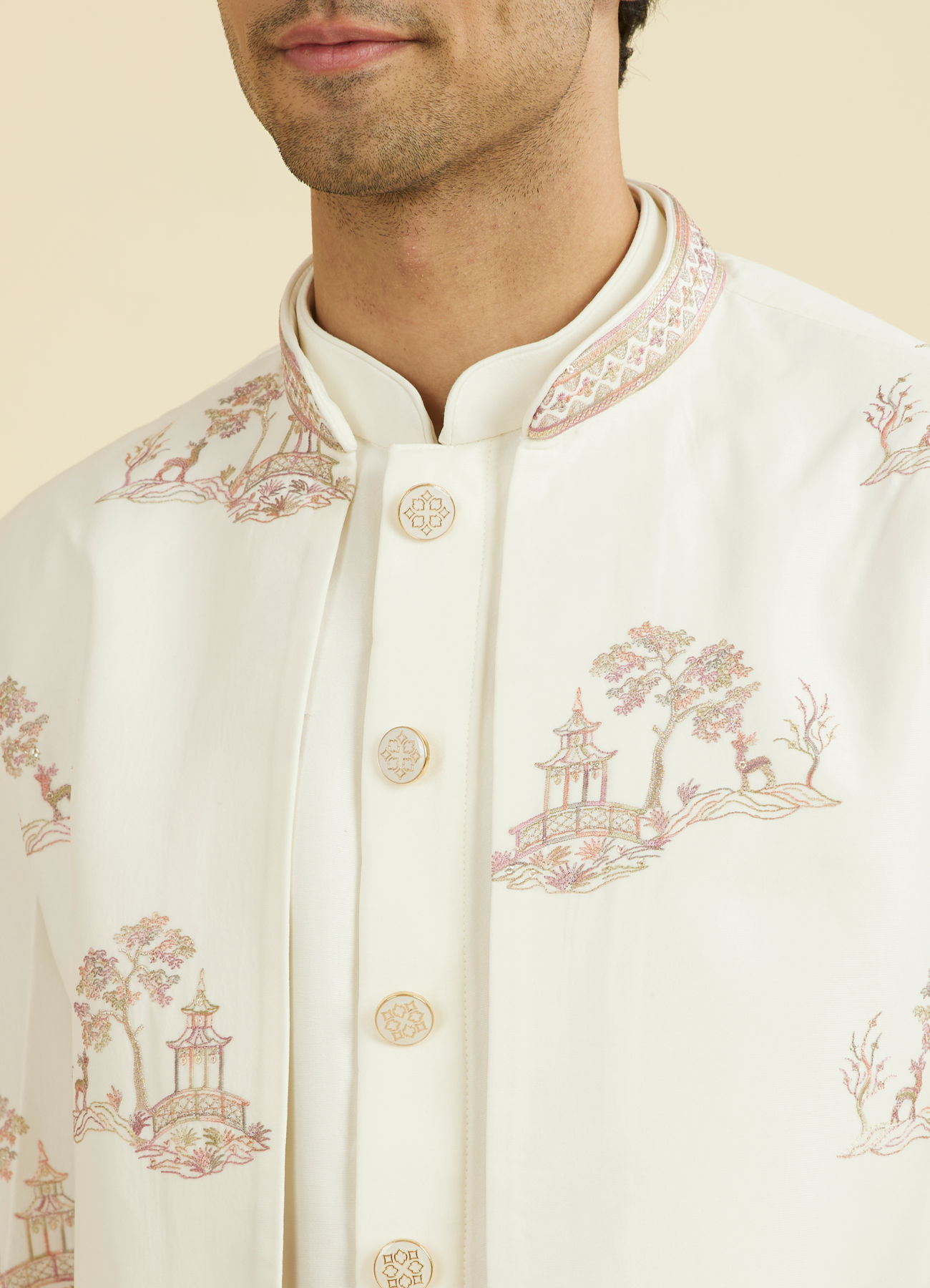 Manyavar Men Regal Cream Indo Western Set