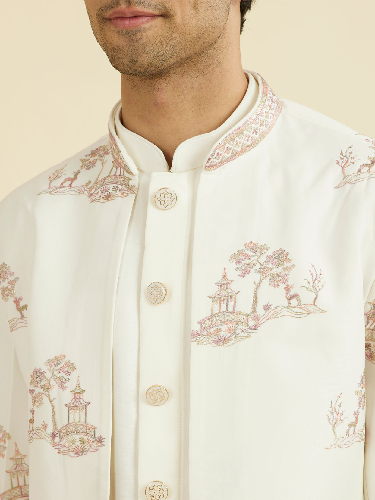 Manyavar Men Regal Cream Indo Western Set