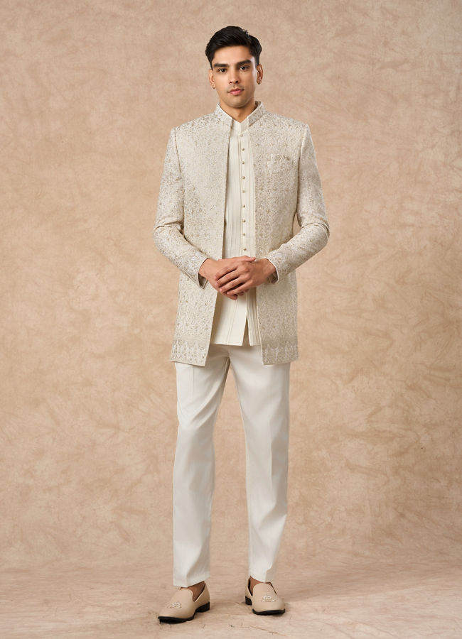 Manyavar Men Cream Georgette Indo Western Jacket with Embroidery