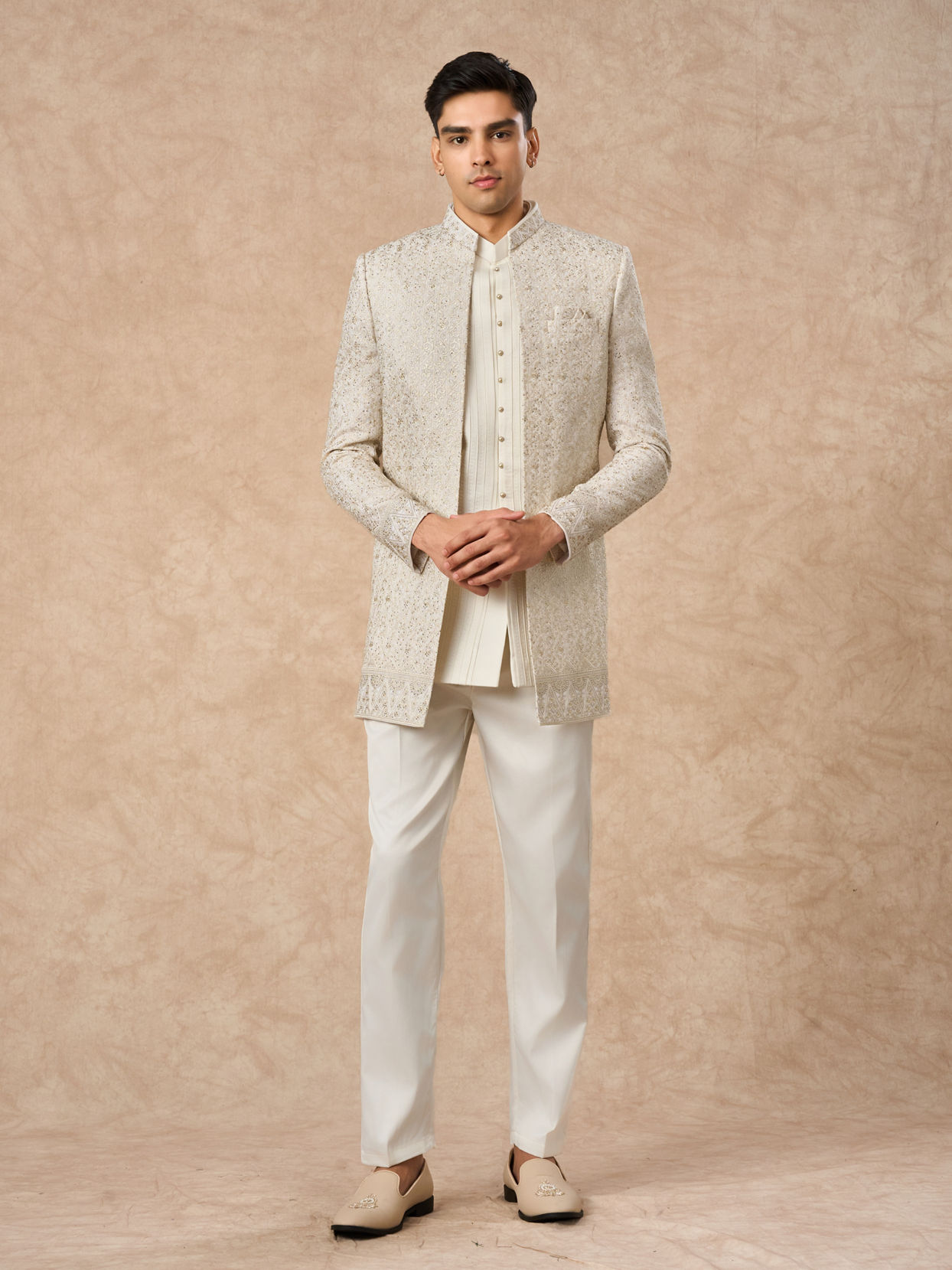 Manyavar Men Cream Georgette Indo Western Jacket with Embroidery