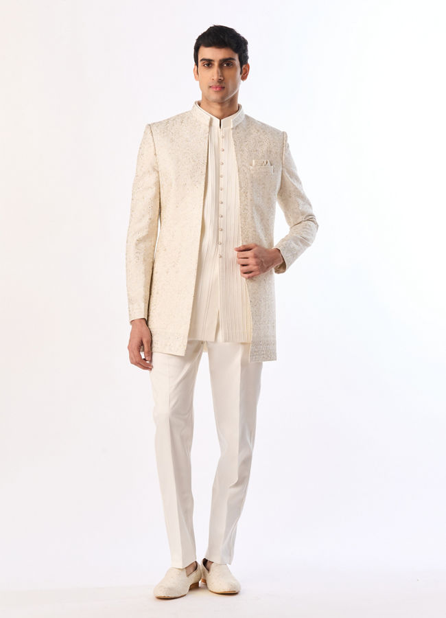Manyavar Men Cream Georgette Indo Western Jacket with Embroidery