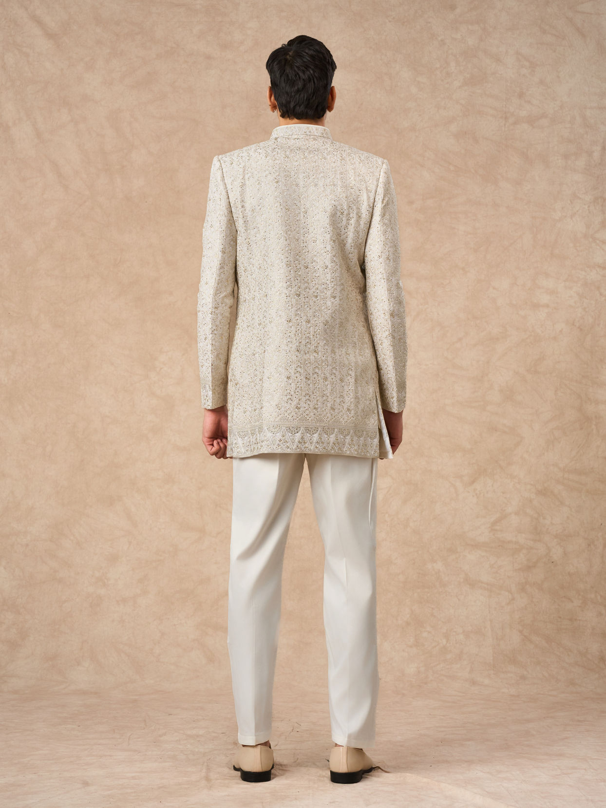 Manyavar Men Cream Georgette Indo Western Jacket with Embroidery