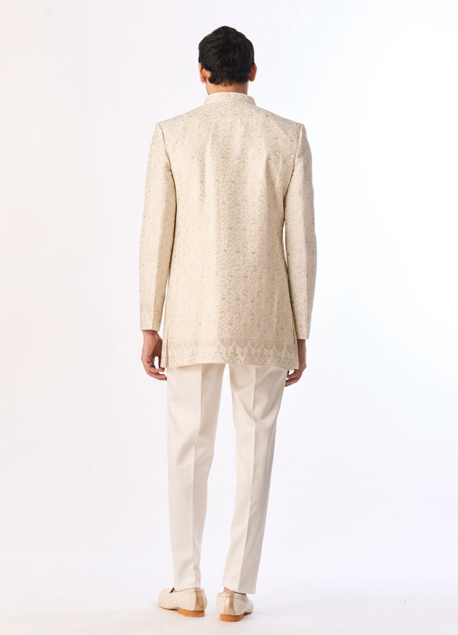 Manyavar Men Cream Georgette Indo Western Jacket with Embroidery