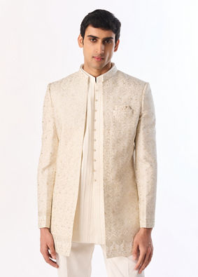 Manyavar Men Cream Georgette Indo Western Jacket with Embroidery
