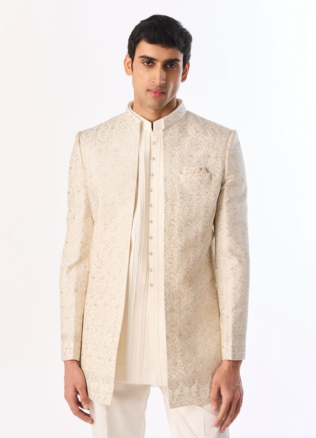 Manyavar Men Cream Georgette Indo Western Jacket with Embroidery