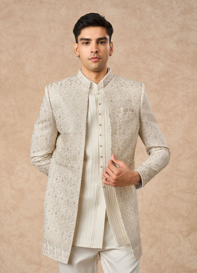 Manyavar Men Cream Georgette Indo Western Jacket with Embroidery