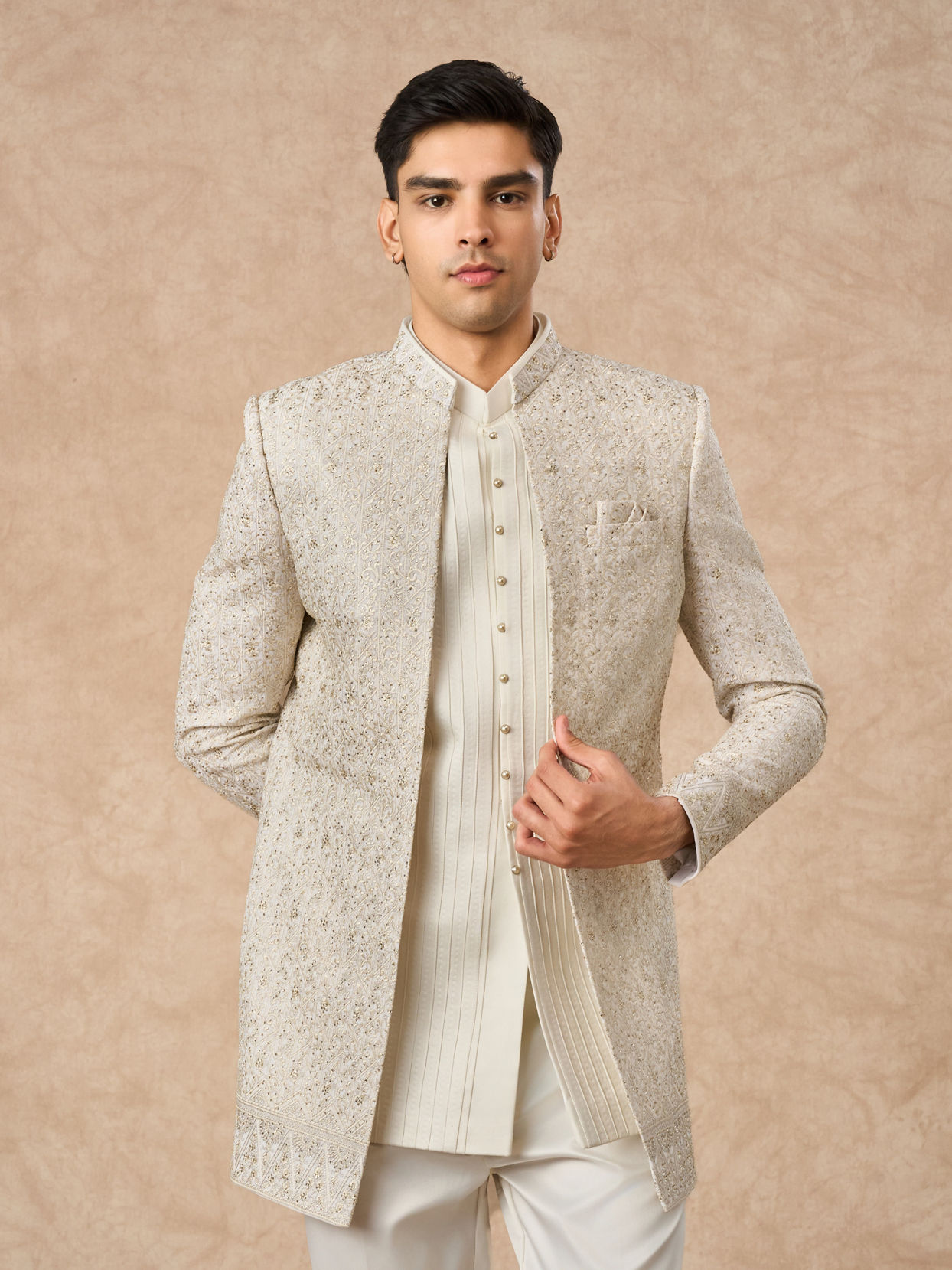 Manyavar Men Cream Georgette Indo Western Jacket with Embroidery