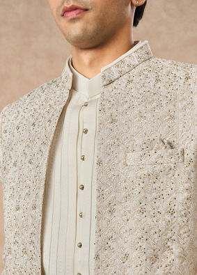 Manyavar Men Cream Georgette Indo Western Jacket with Embroidery