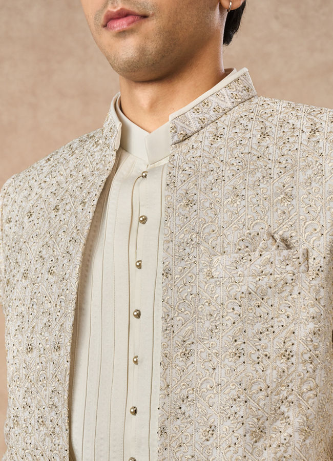 Manyavar Men Cream Georgette Indo Western Jacket with Embroidery