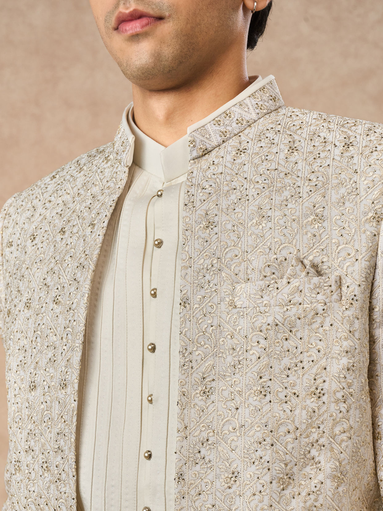 Manyavar Men Cream Georgette Indo Western Jacket with Embroidery