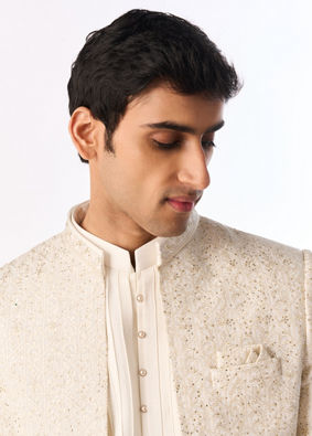 Manyavar Men Cream Georgette Indo Western Jacket with Embroidery