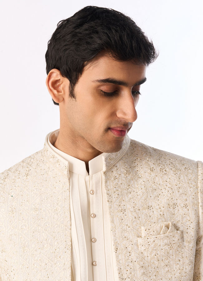 Manyavar Men Cream Georgette Indo Western Jacket with Embroidery