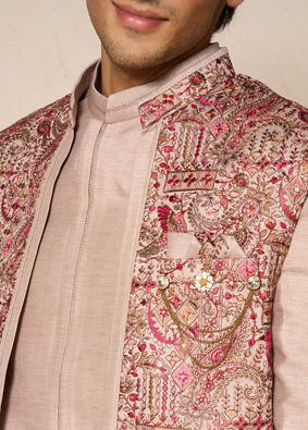 Manyavar Men Vijay's Beige Indo Western Set with Paisley Embroidery