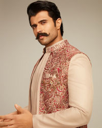 Manyavar Men Beige Art Silk Indo Western Set