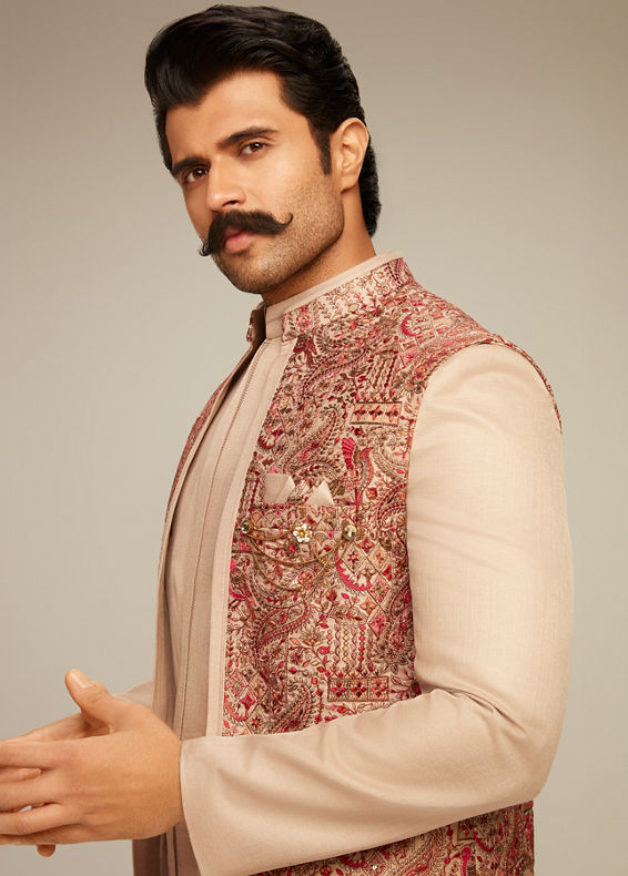 Manyavar Men Beige Art Silk Indo Western Set