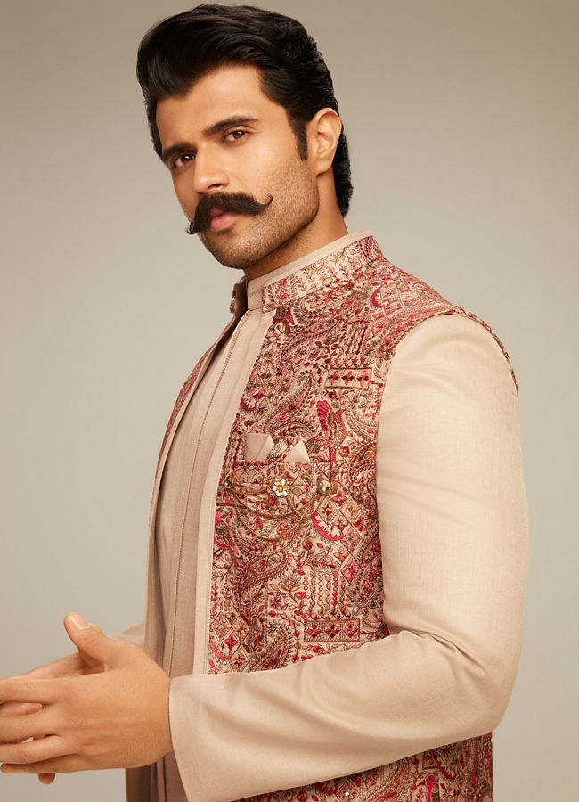 Manyavar Men Vijay's Beige Indo Western Set with Paisley Embroidery