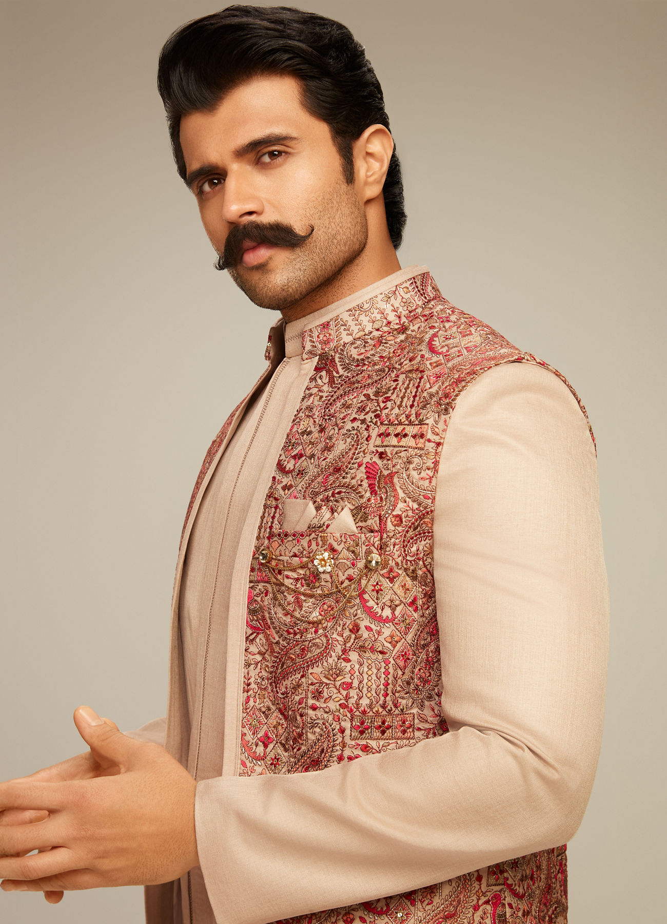 Manyavar Men Beige Art Silk Indo Western Set