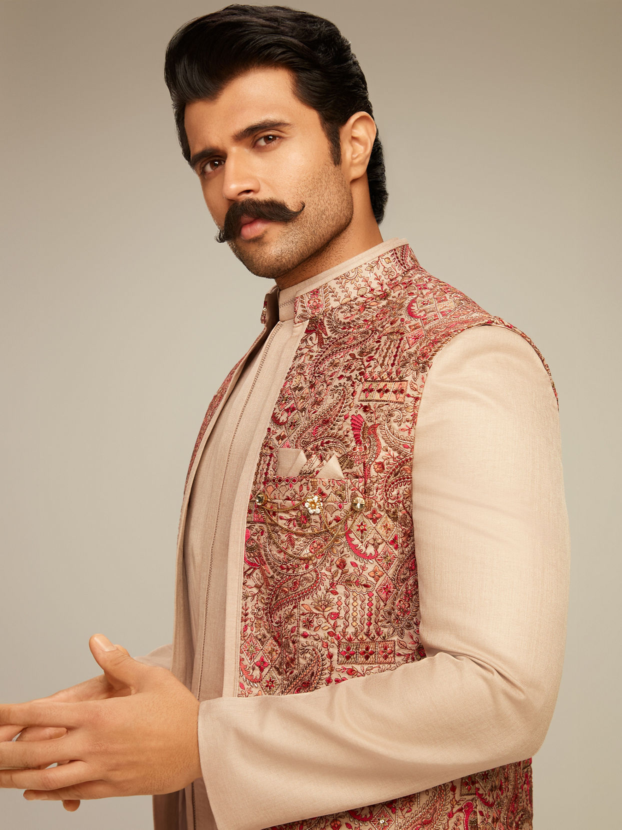 Manyavar Men Vijay's Beige Indo Western Set with Paisley Embroidery
