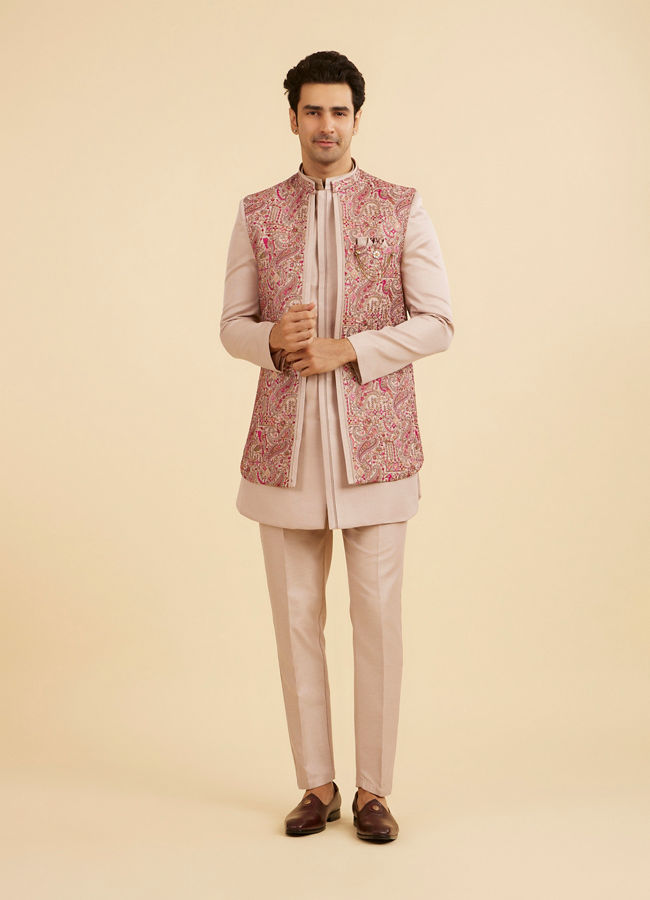 Manyavar Men Vijay's Beige Indo Western Set with Paisley Embroidery