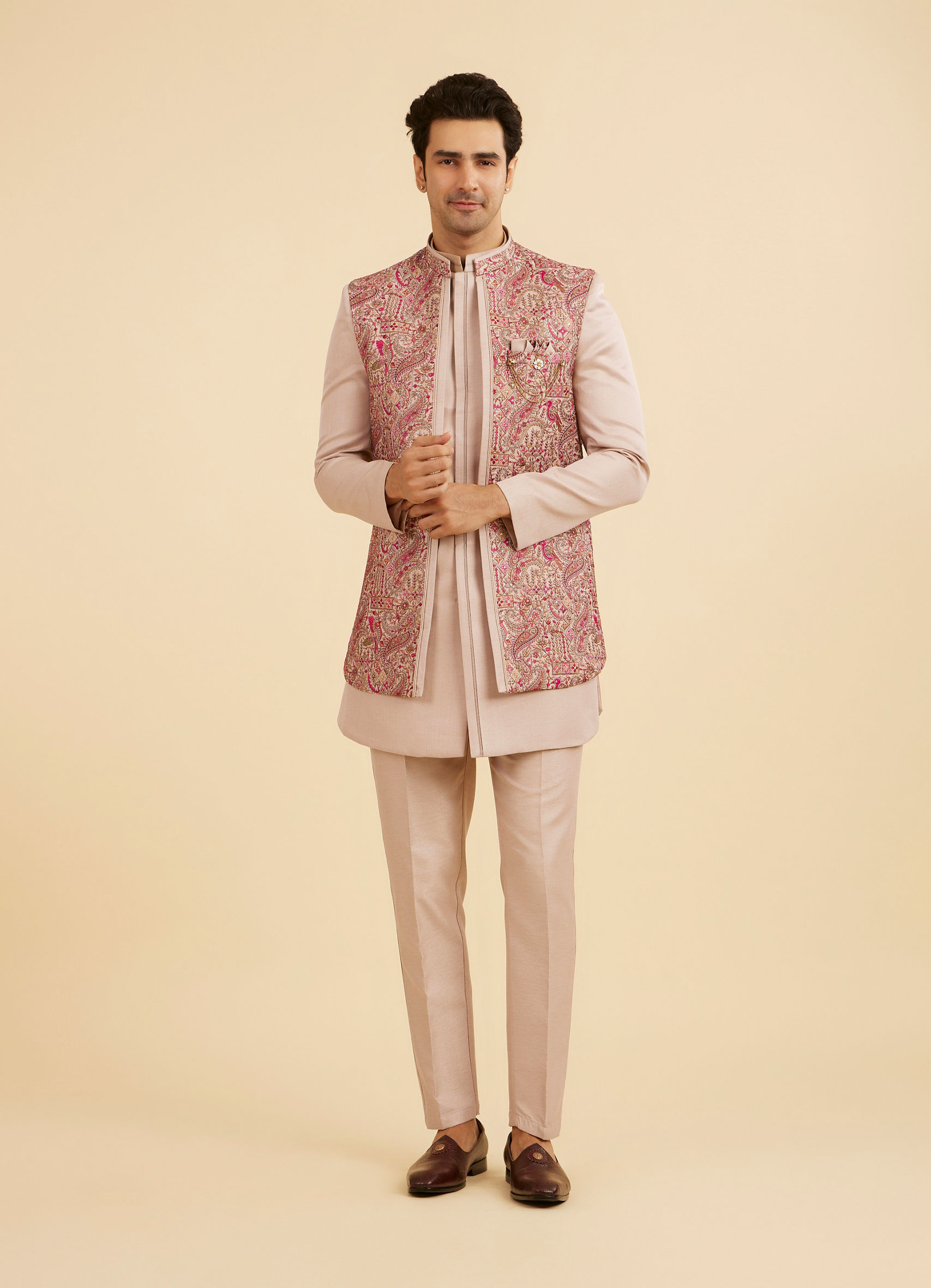 Buy Vijay's Beige Indo Western Set with Paisley Embroidery Online in India @ Manyavar - Indo Western for Men