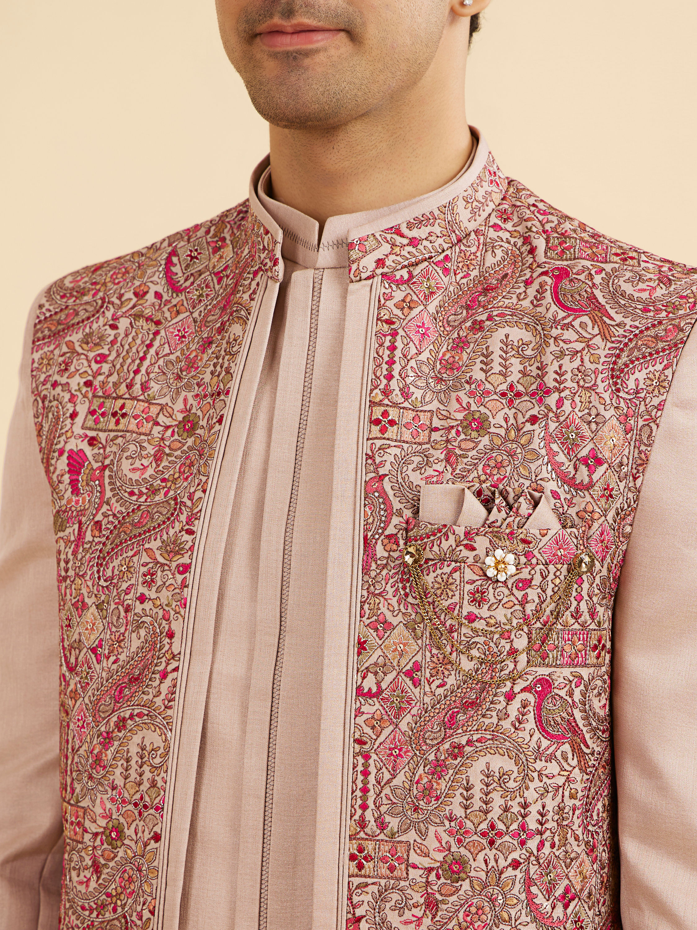 Manyavar Men Vijay's Beige Indo Western Set with Paisley Embroidery