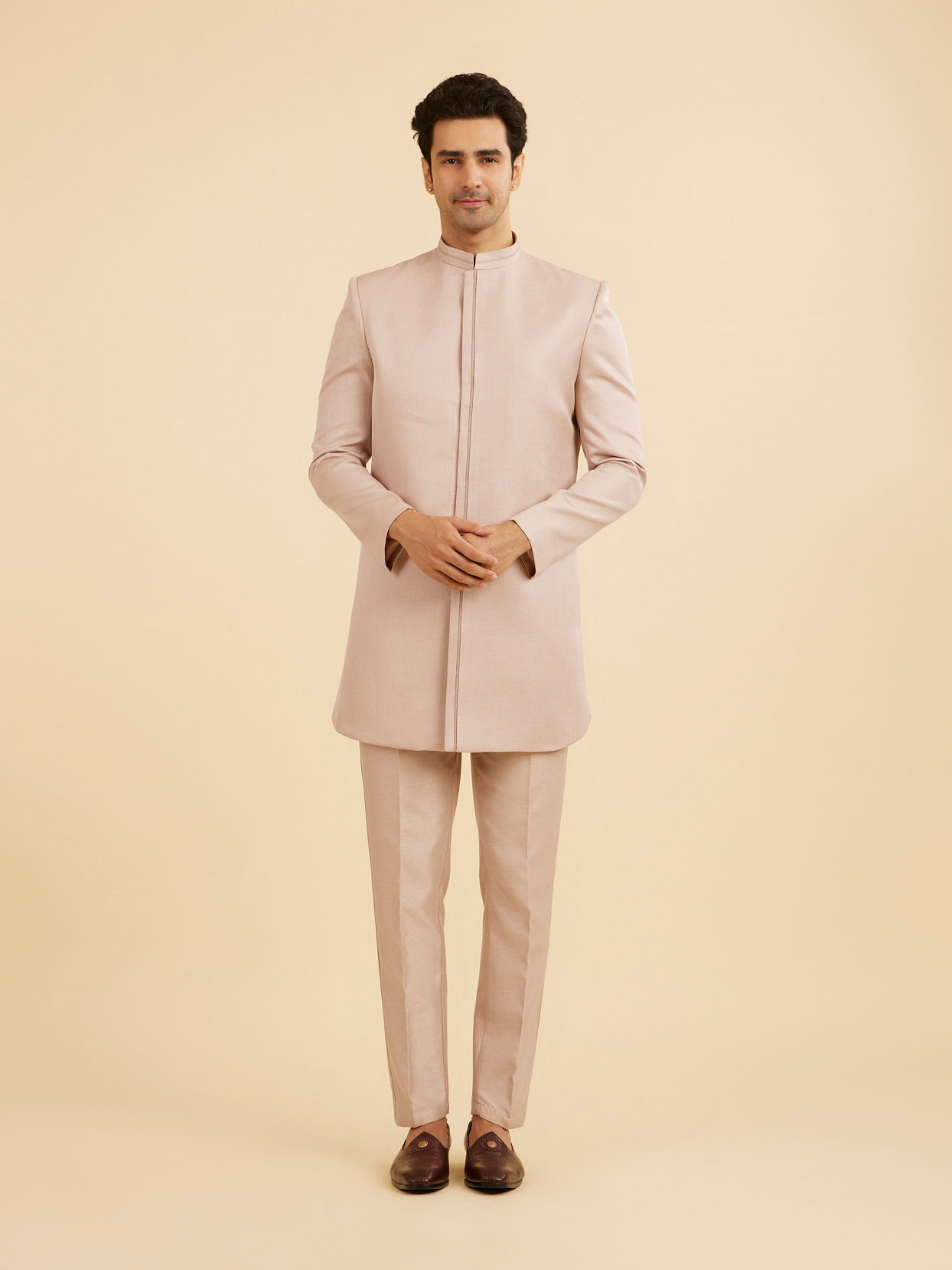 Manyavar Men Vijay's Beige Indo Western Set with Paisley Embroidery