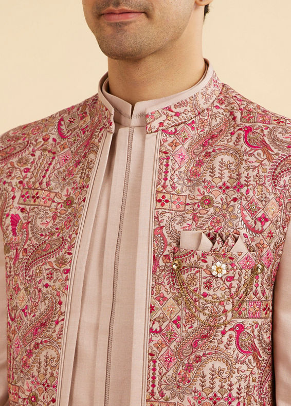 Manyavar Men Beige Art Silk Indo Western Set